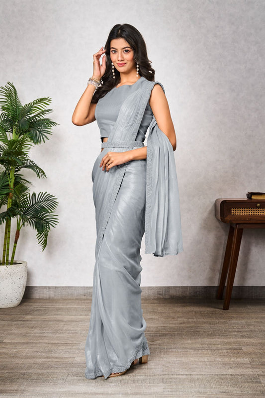 Grey Shimmer Georgettes Embroidery and Sequins work - jivora