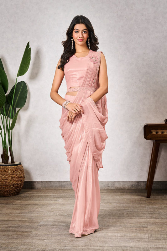 Peach Shimmer Georgette Embroidery and Sequins work - jivora