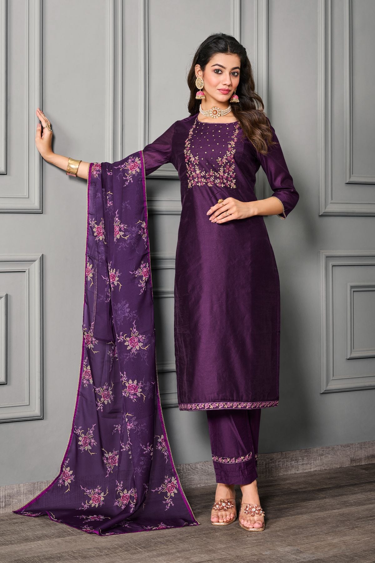 Purple Cotton silk with Organza Embroidery Salwar Kameez - jivora