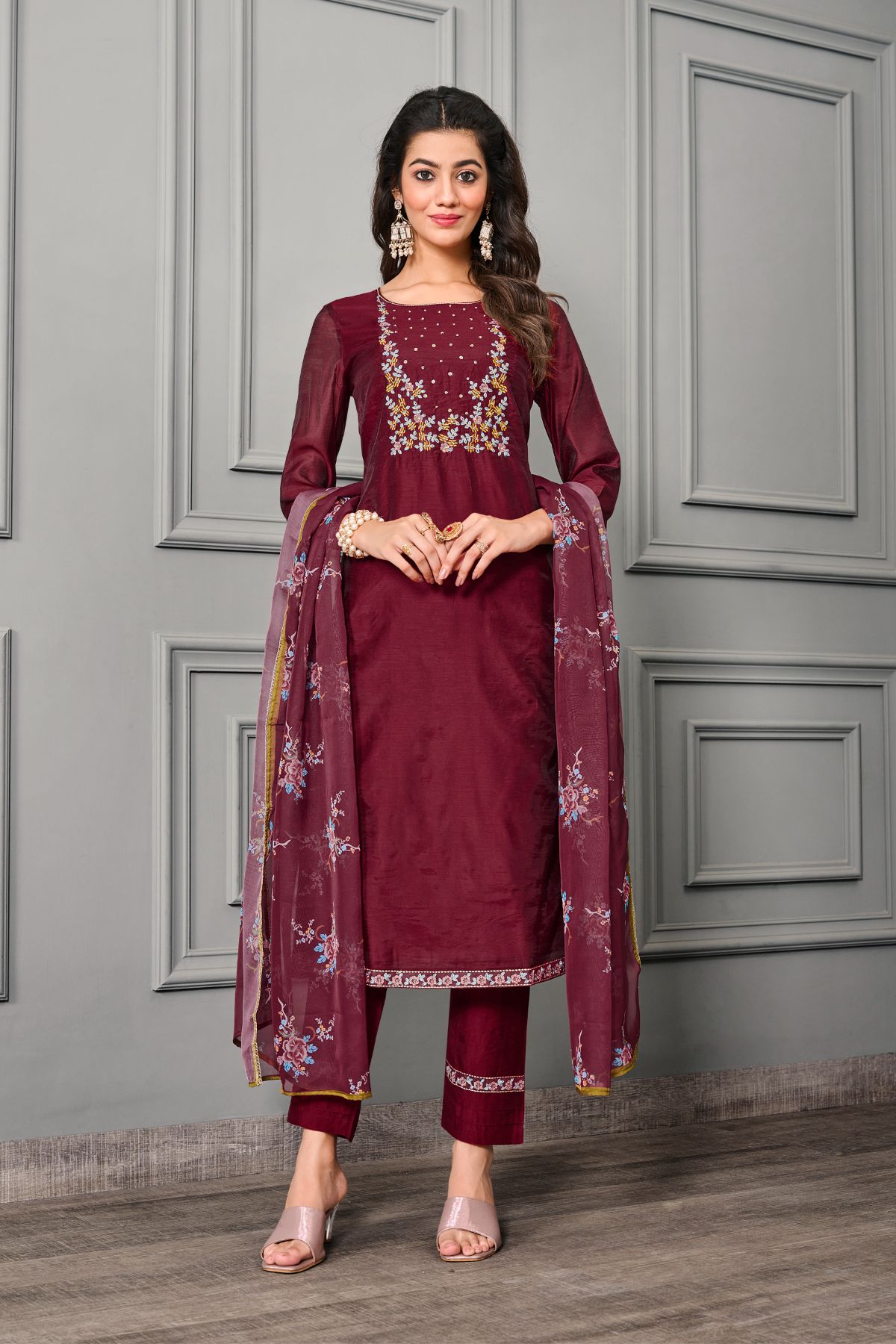 Maroon Cotton silk with Organza Embroidery Salwar Kameez - jivora