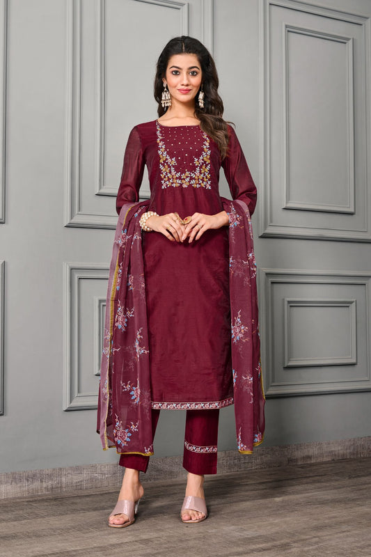 Maroon Cotton silk with Organza Embroidery Salwar Kameez - jivora