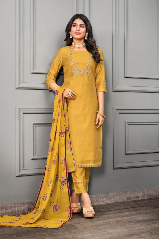 Yellow Cotton silk with Organza Embroidery Salwar Kameez - jivora