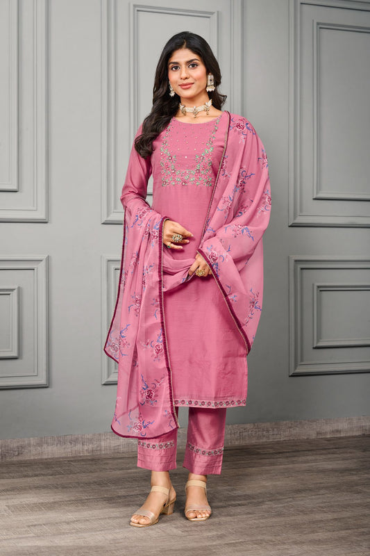 Pink Cotton silk with Organza Embroidery Salwar Kameez - jivora