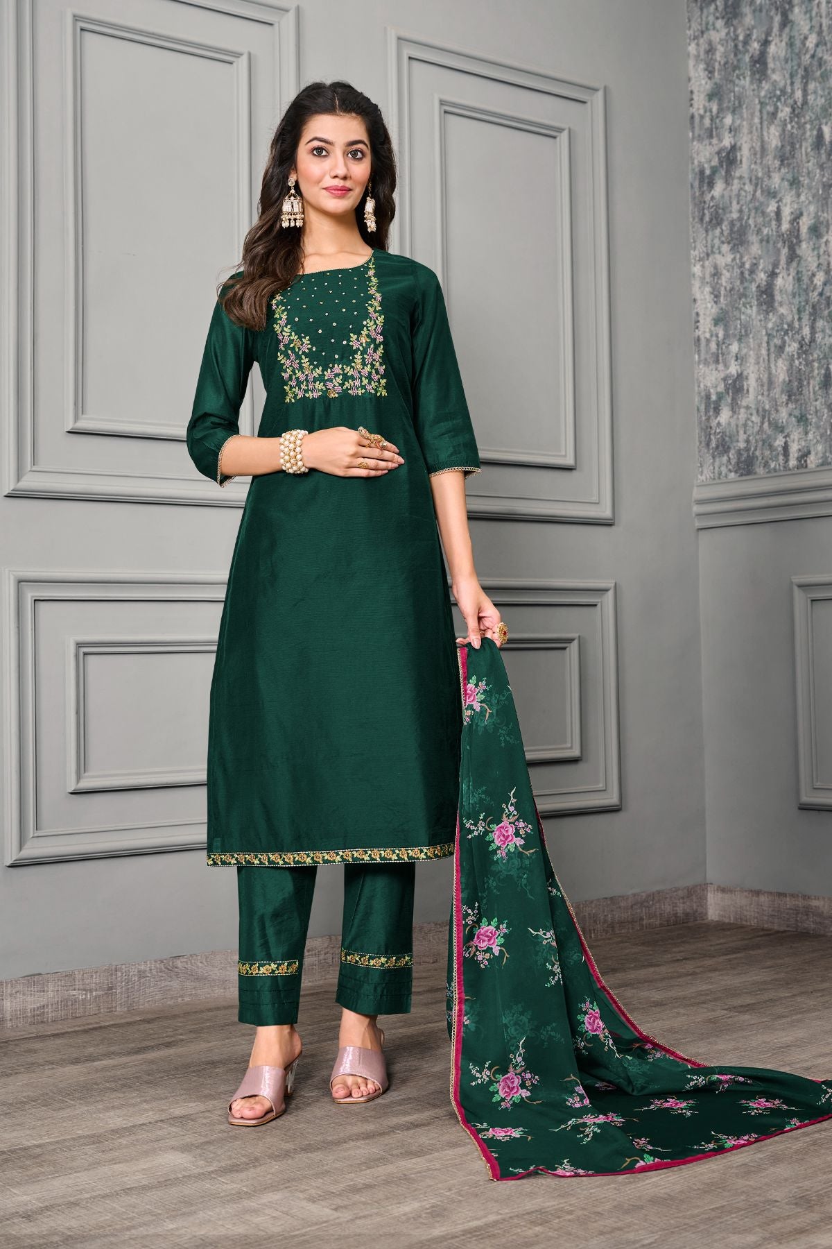 Green Cotton silk with Organza Embroidery Salwar Kameez - jivora