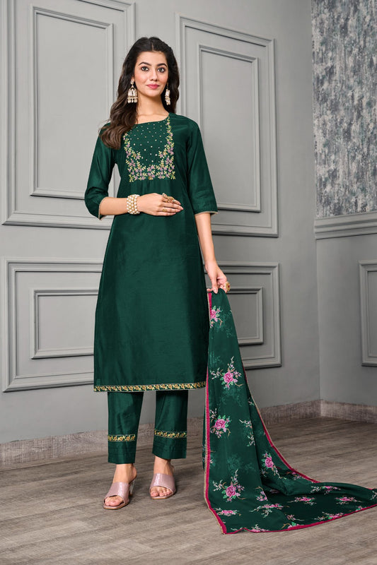 Green Cotton silk with Organza Embroidery Salwar Kameez - jivora