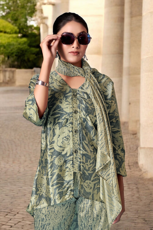 Elegant Crepe Silk Co-Ord Set with Pastel Floral Digital Print & Matching Scarf -Light Blue