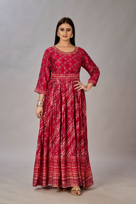 Red Muslin Silk Embroidered with Sequins Gown - jivora