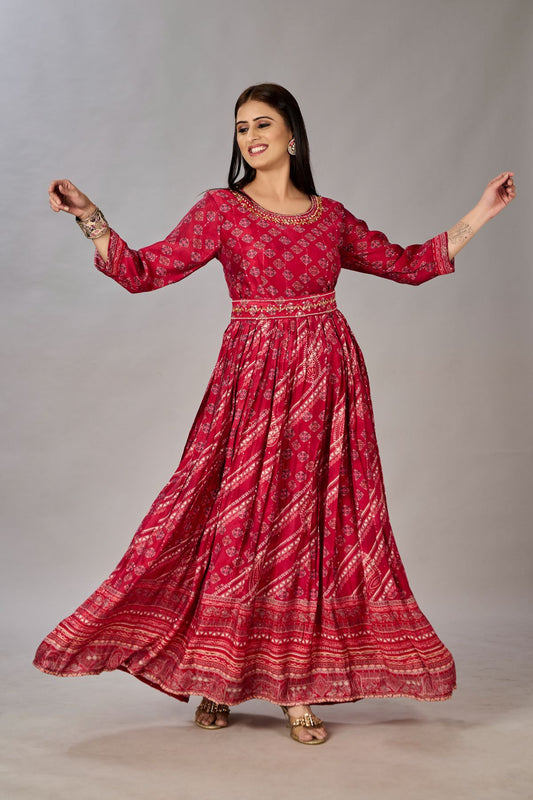 Red Muslin Silk Embroidered with Sequins Gown - jivora