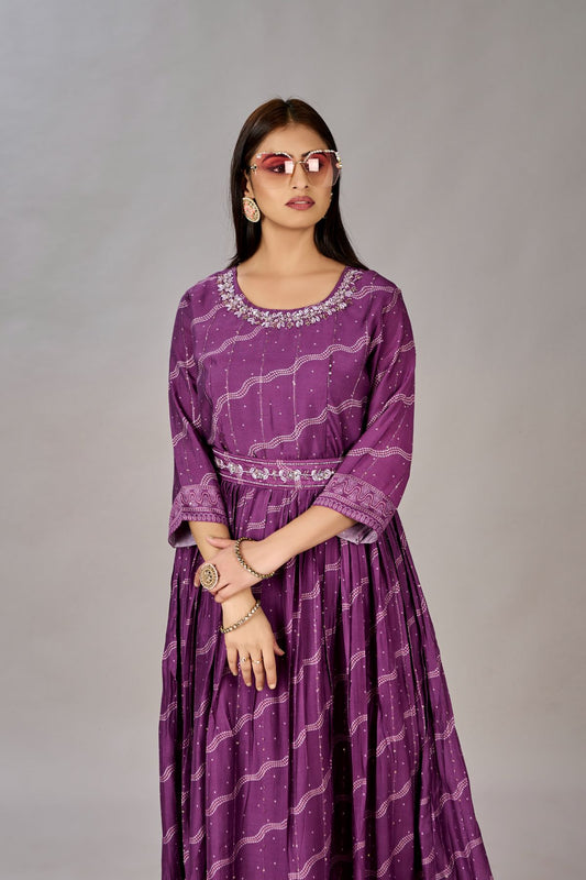 Purple Muslin Silk Embroidered with Sequins Gown - jivora