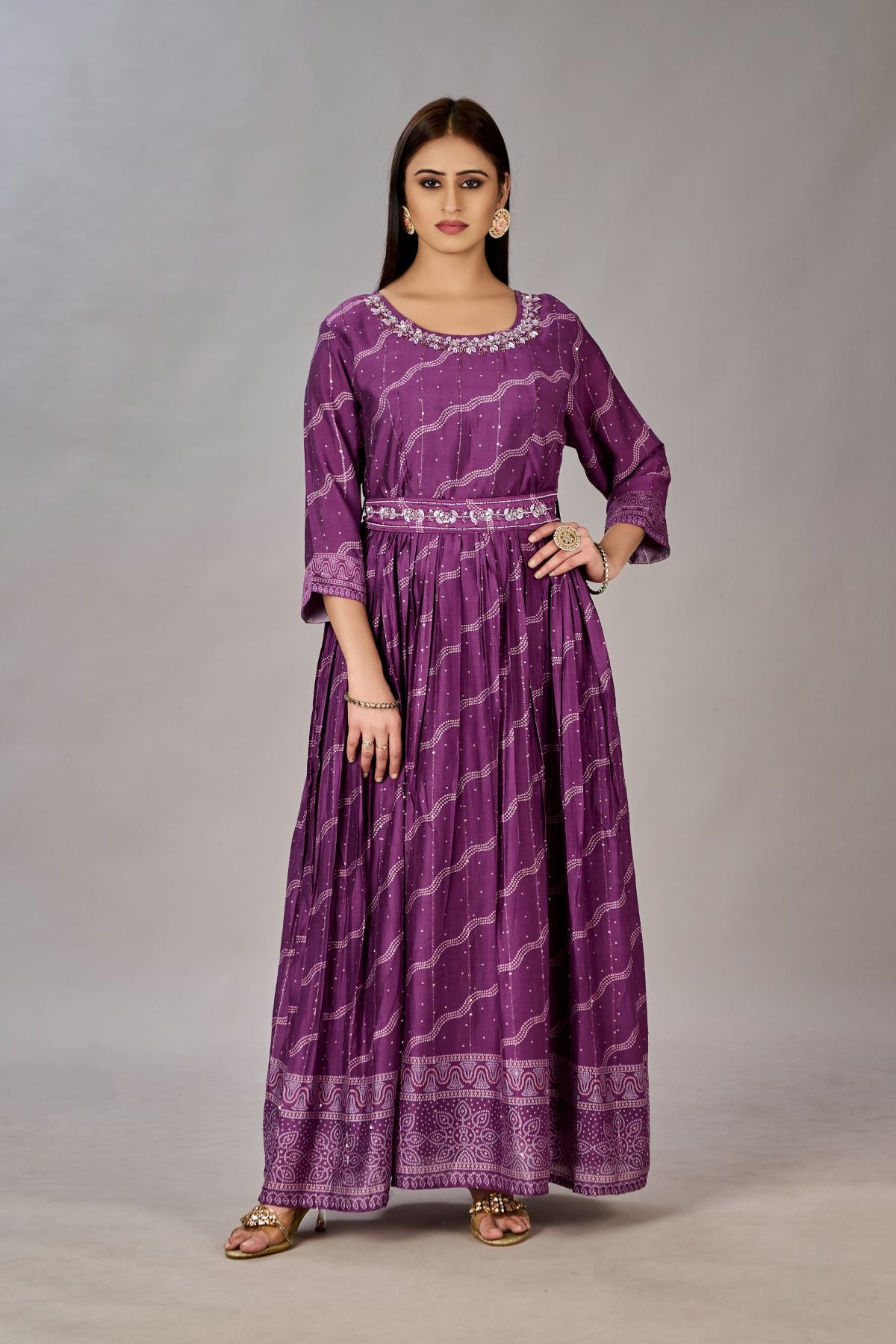 Purple Muslin Silk Embroidered with Sequins Gown - jivora