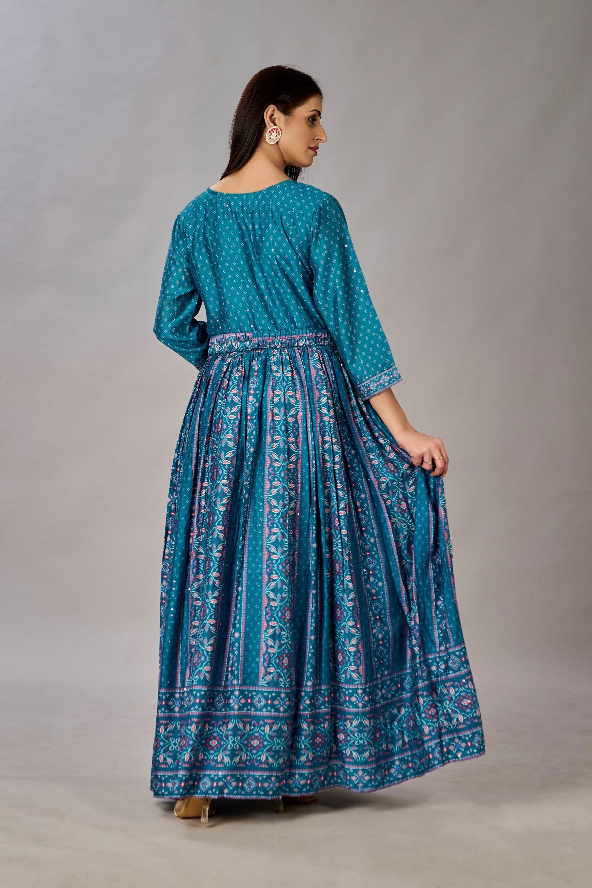 Teal Blue Muslin Silk Embroidered with Sequins Gown - jivora
