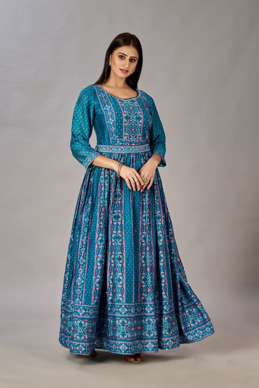 Teal Blue Muslin Silk Embroidered with Sequins Gown - jivora