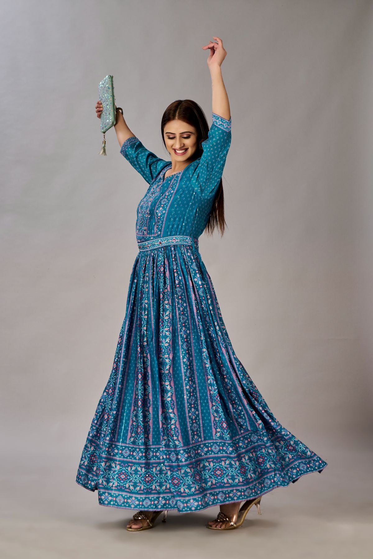Teal Blue Muslin Silk Embroidered with Sequins Gown - jivora