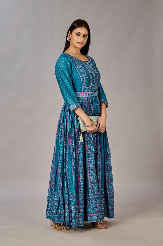 Teal Blue Muslin Silk Embroidered with Sequins Gown - jivora