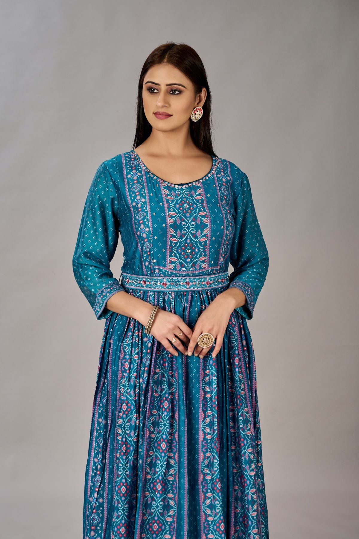 Teal Blue Muslin Silk Embroidered with Sequins Gown - jivora