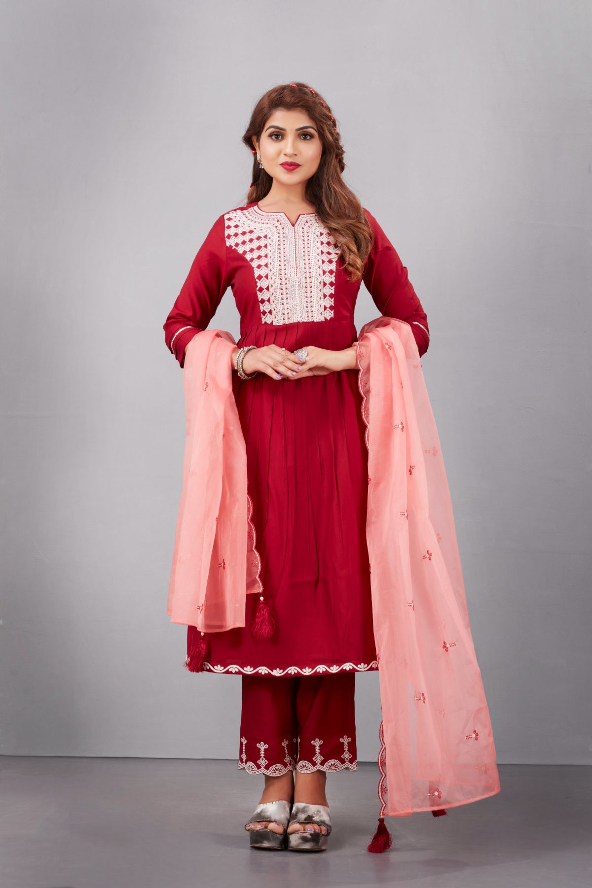 Maroon Muslin Silk Lucknowi Style Salwar Kameez - jivora