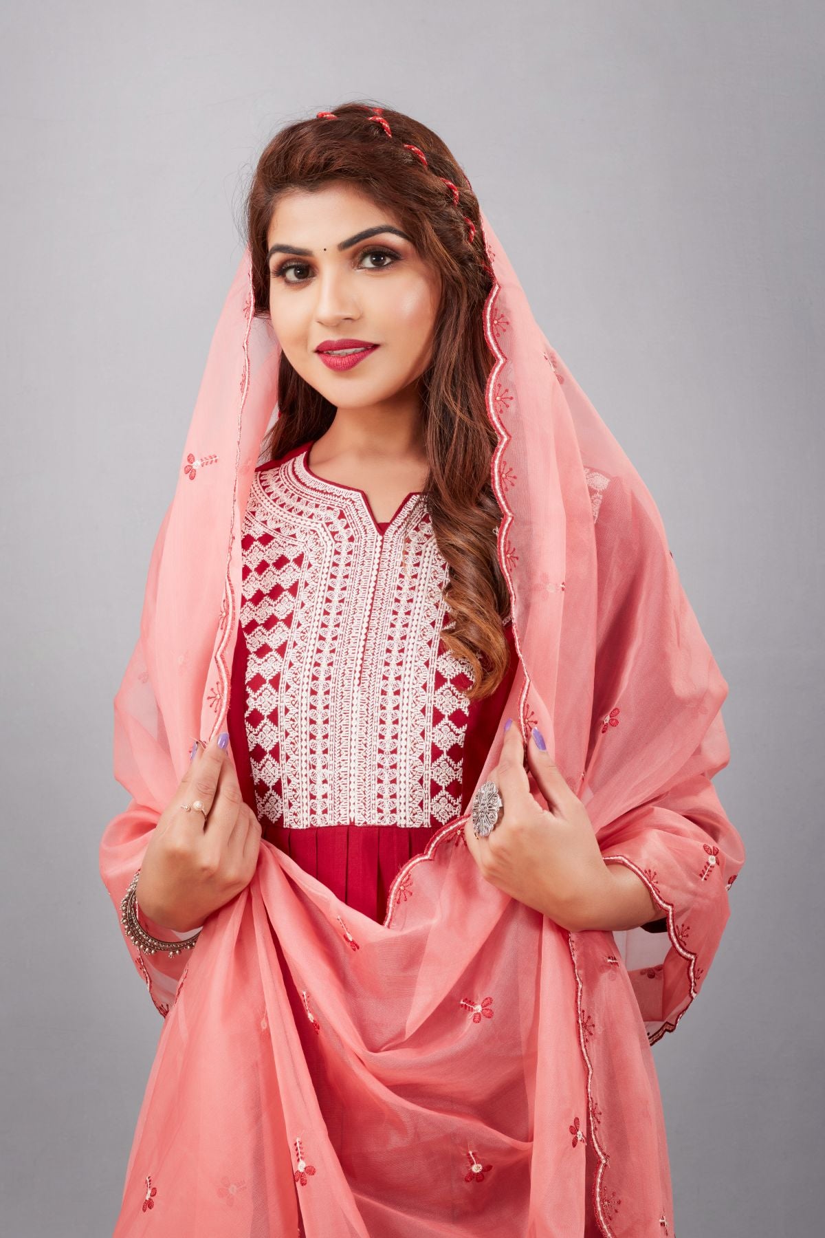 Maroon Muslin Silk Lucknowi Style Salwar Kameez - jivora