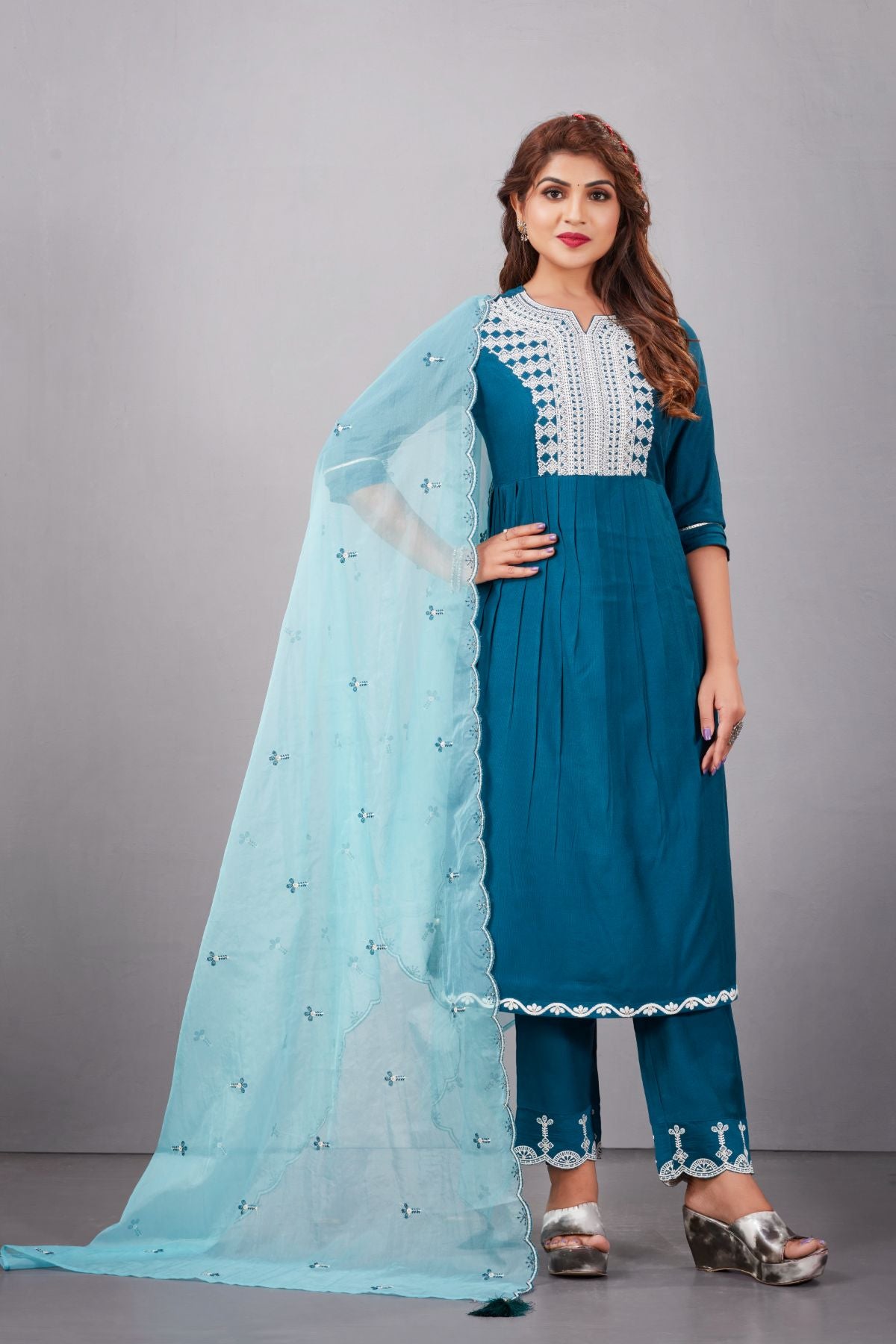 Blue Muslin Silk Lucknowi Style Salwar Kameez - jivora