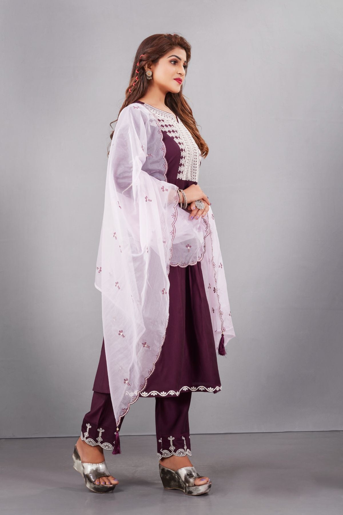 Purple Muslin Silk Lucknowi Style Salwar Kameez - jivora