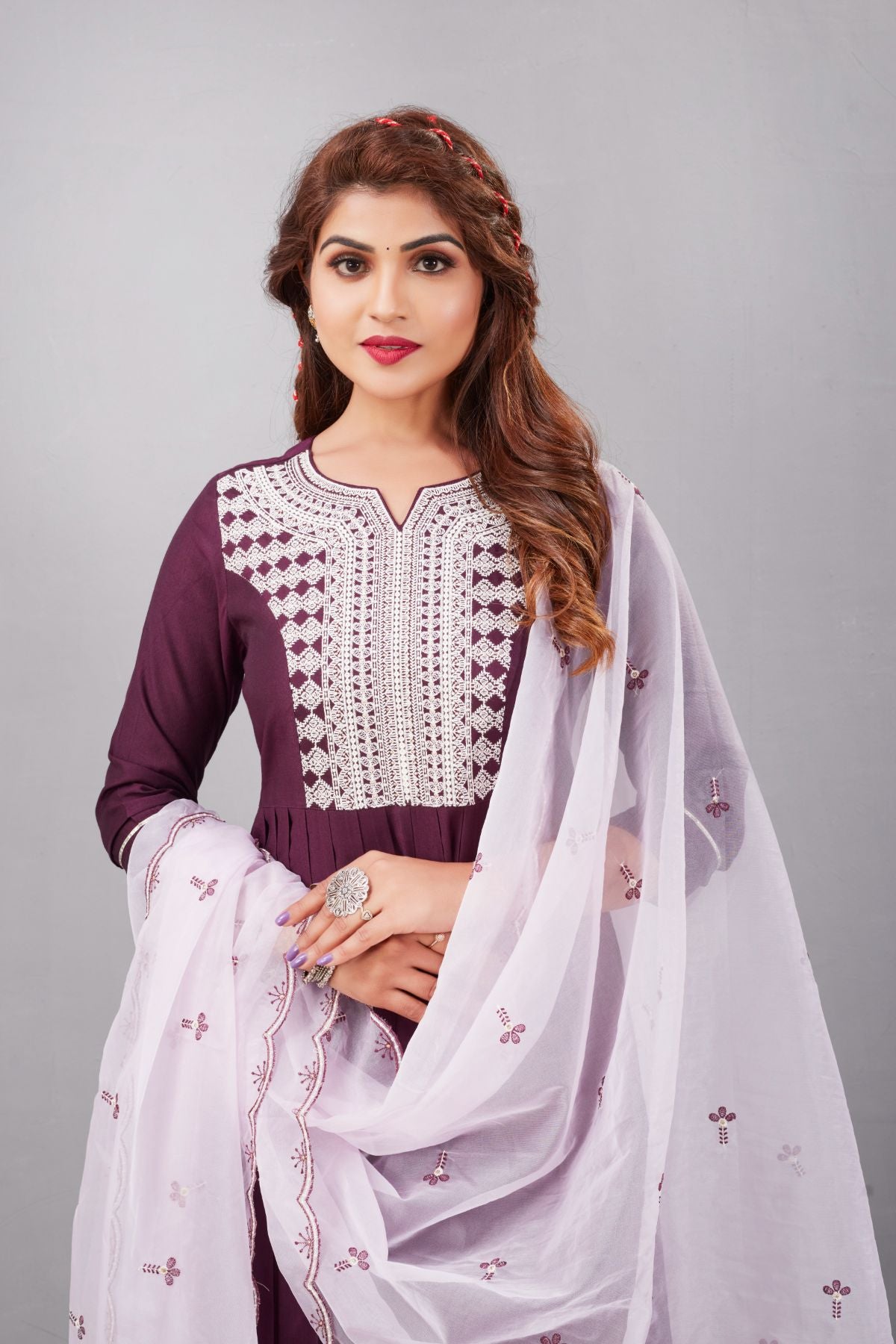 Purple Muslin Silk Lucknowi Style Salwar Kameez - jivora