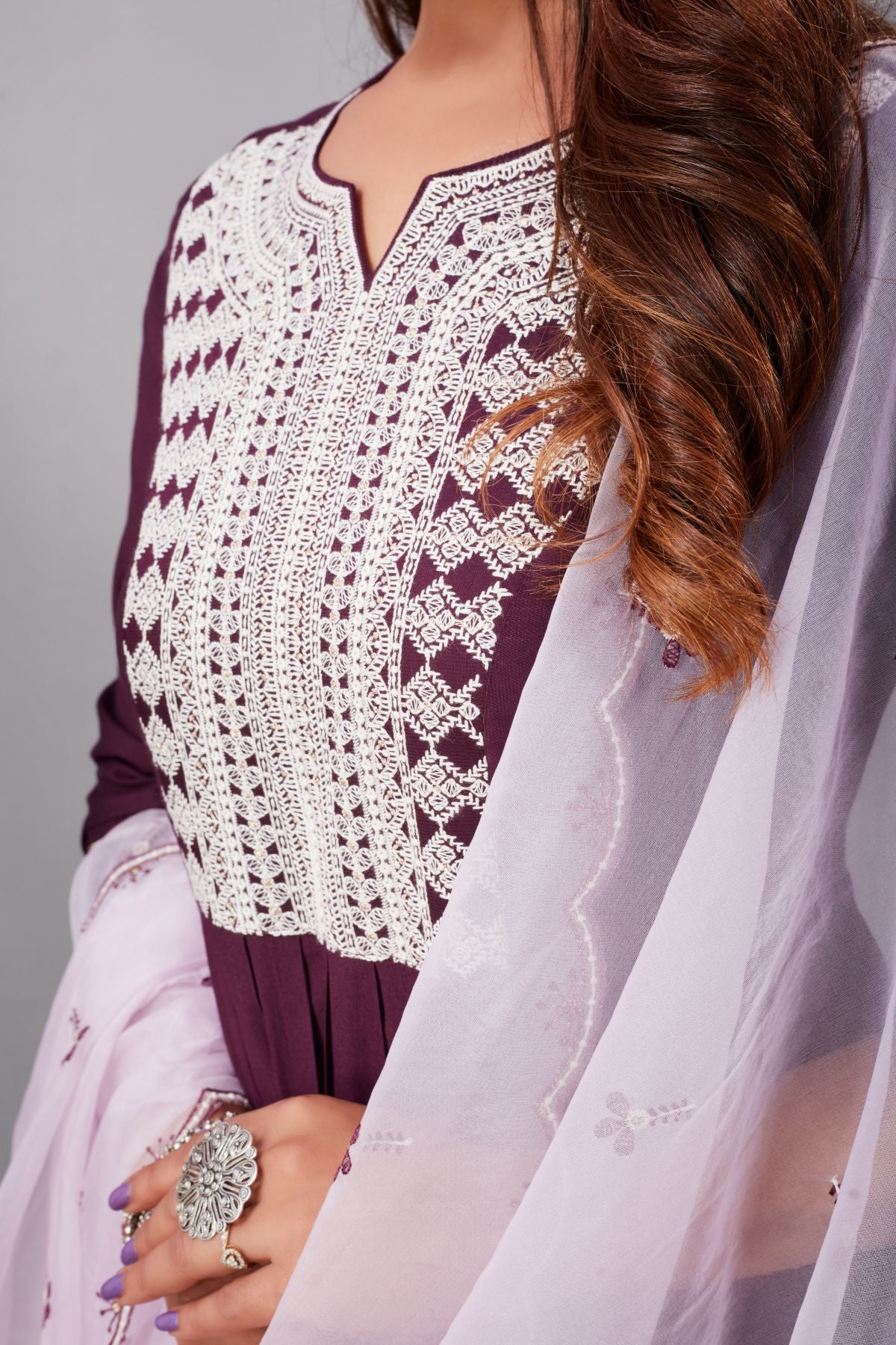 Purple Muslin Silk Lucknowi Style Salwar Kameez - jivora