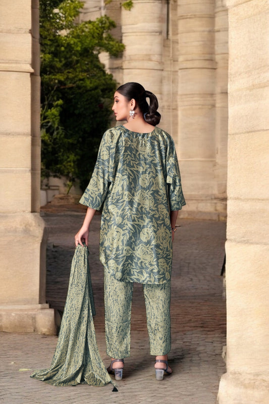 Elegant Crepe Silk Co-Ord Set with Pastel Floral Digital Print & Matching Scarf -Light Blue