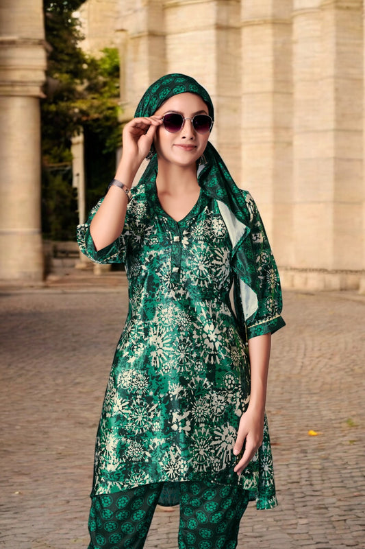 Elegant Crepe Silk Co-Ord Set with Pastel Floral Digital Print & Matching Scarf -Dark Green