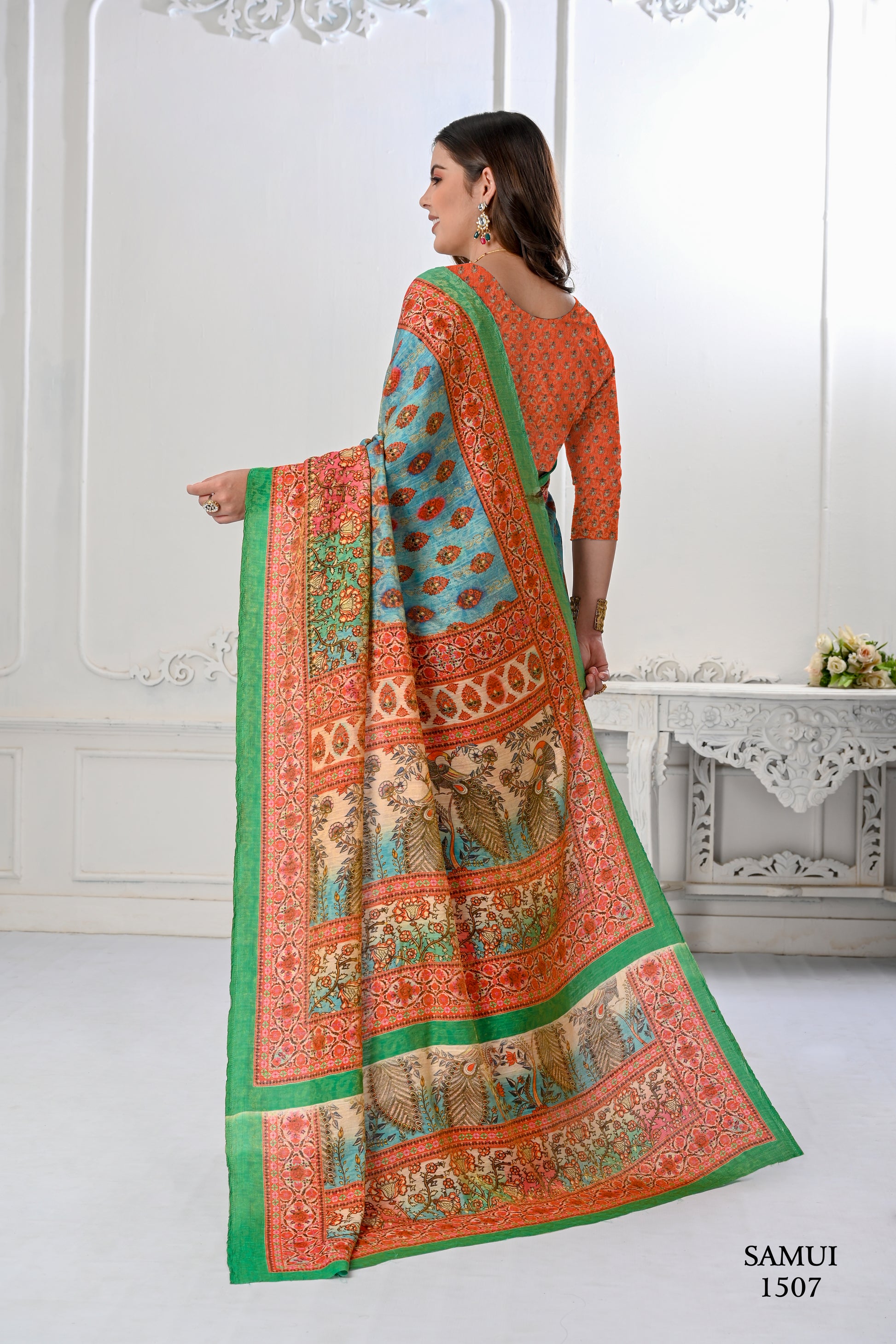 Premium Natural Silk High Definition Jacquard Zari Digital Printed Blouse With Saree - jivora
