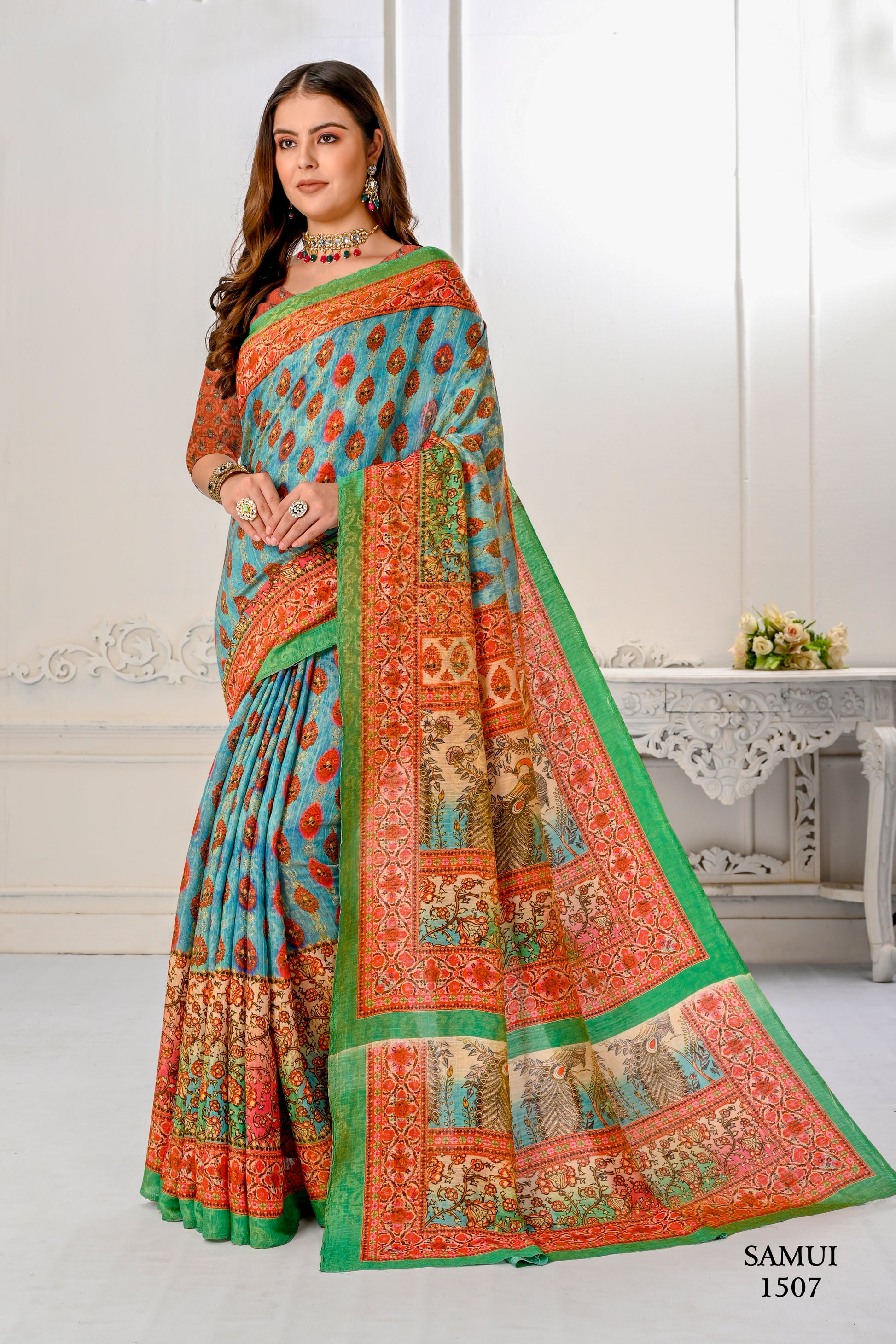 Premium Natural Silk High Definition Jacquard Zari Digital Printed Blouse With Saree - jivora