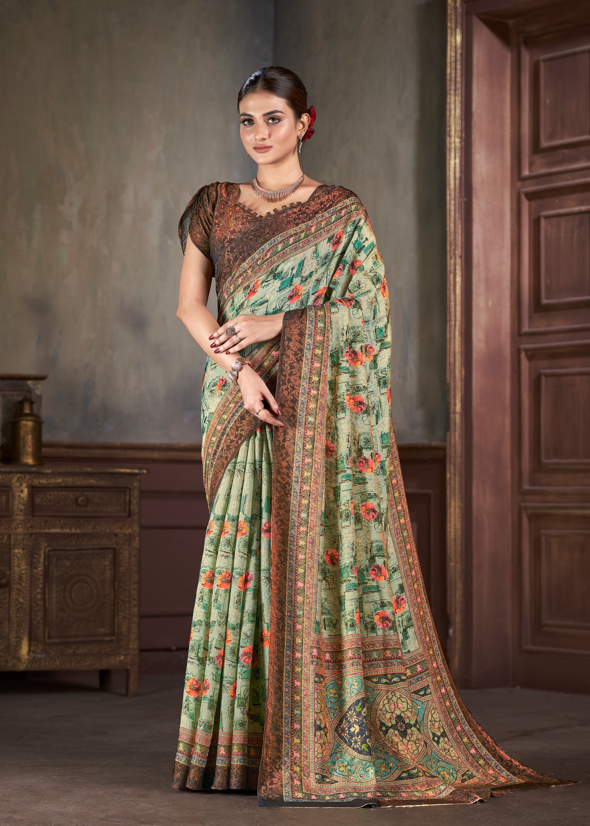 Premium Natural Silk High Definition Jacquard Zari Digital Printed Blouse With Saree - jivora