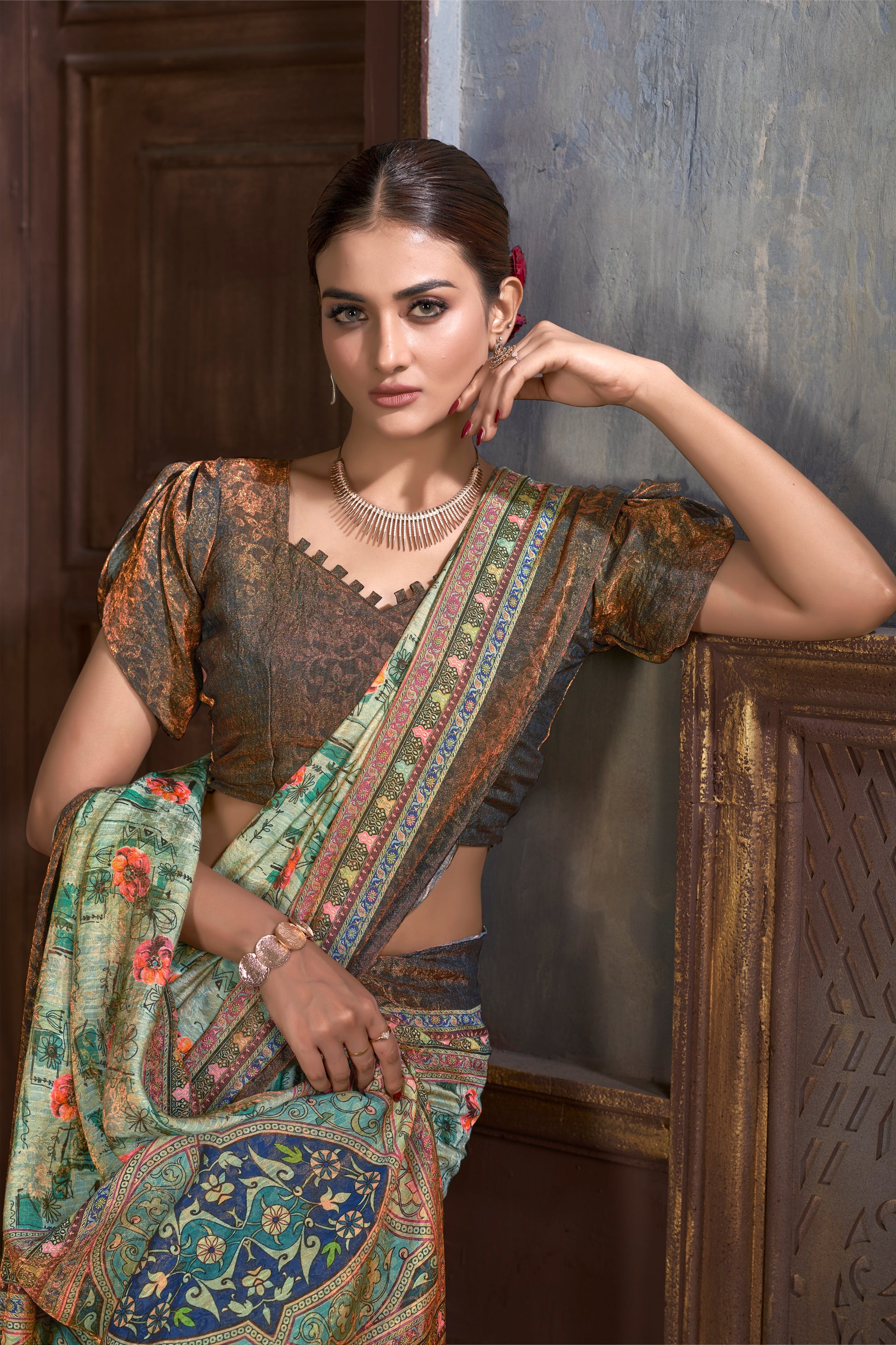Premium Natural Silk High Definition Jacquard Zari Digital Printed Blouse With Saree - jivora
