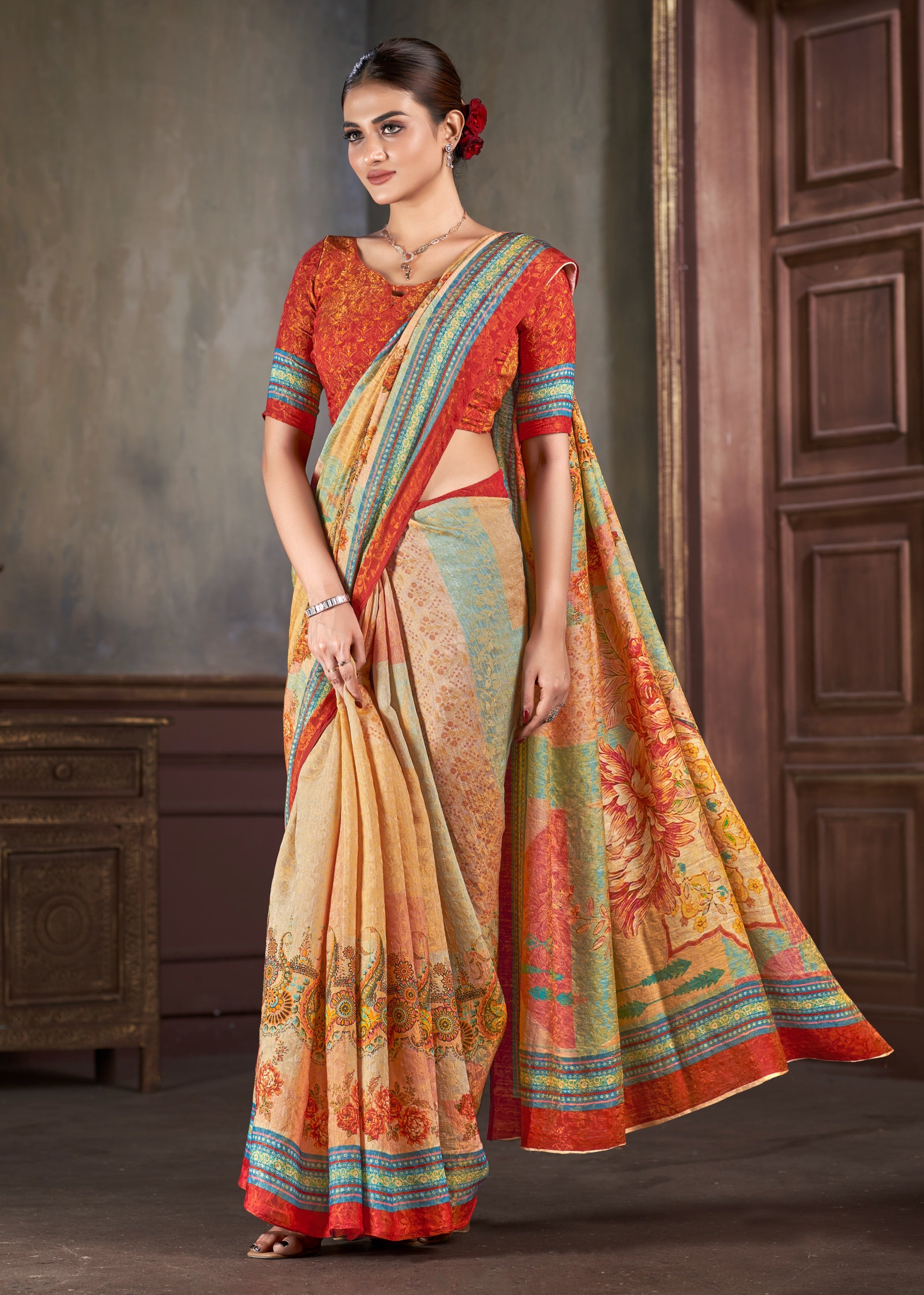 Premium Natural Silk High Definition Jacquard Zari Digital Printed Blouse With Saree - jivora