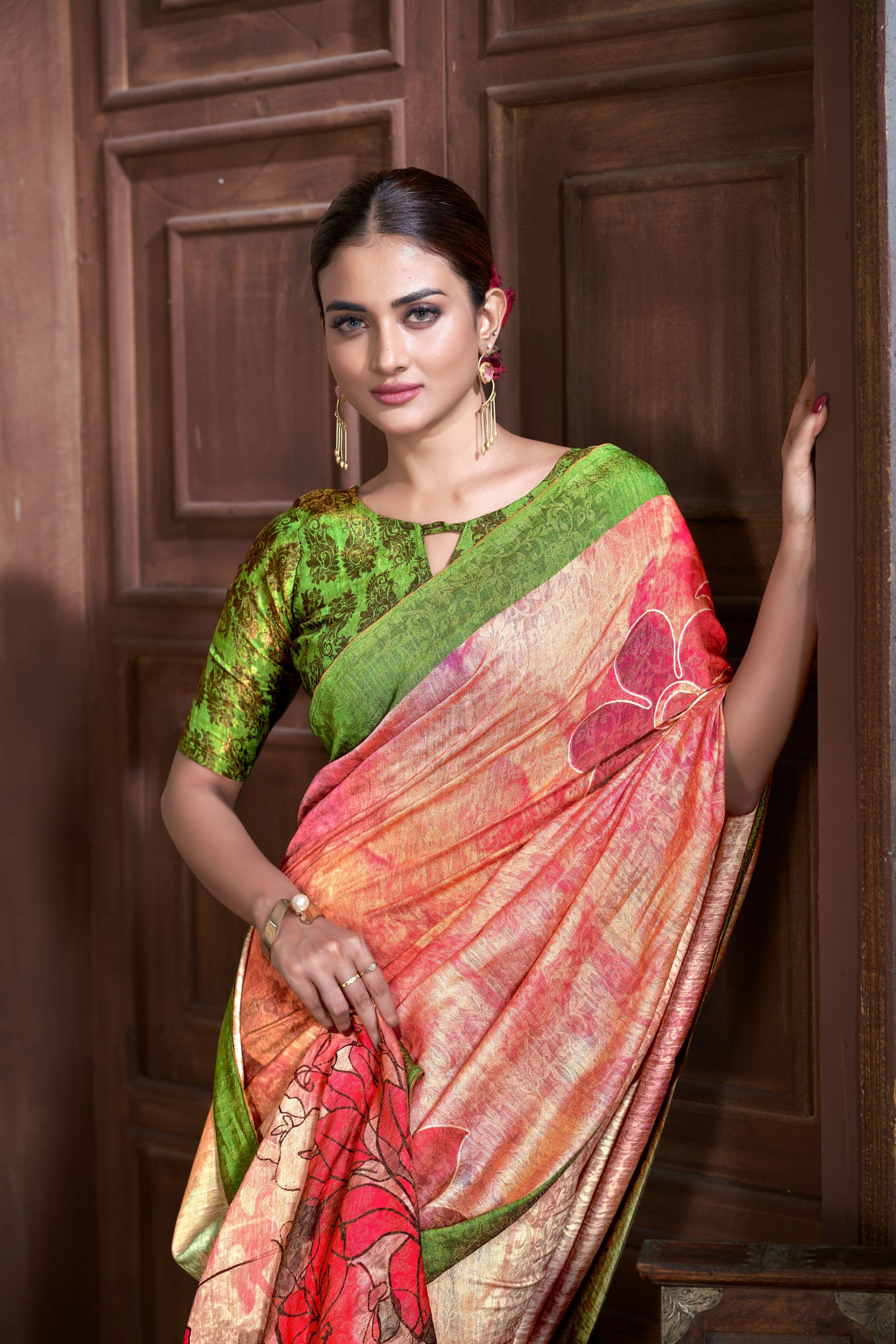 Premium Natural Silk High Definition Jacquard Zari Digital Printed Blouse With Saree - jivora