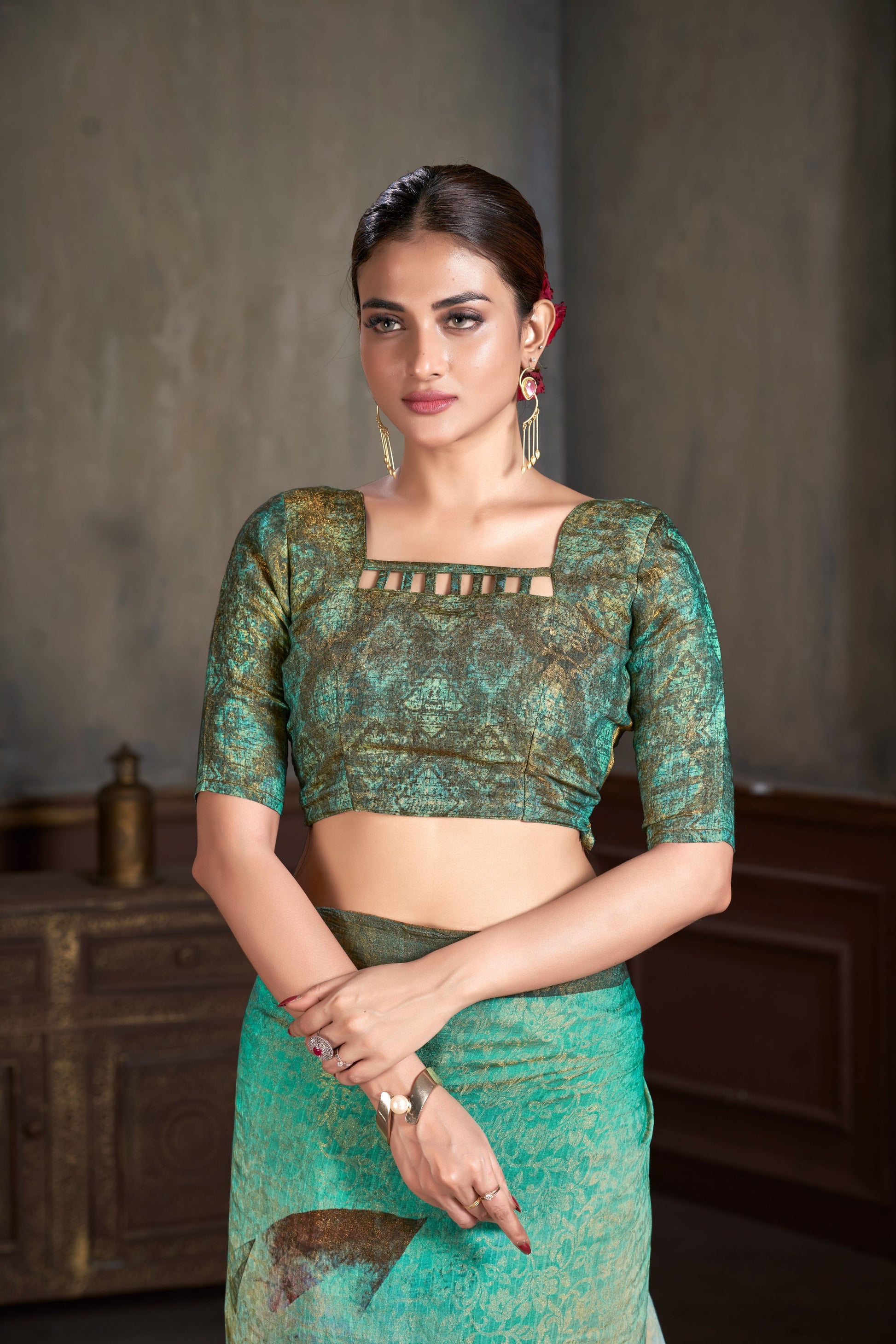 Premium Natural Silk High Definition Jacquard Zari Digital Printed Blouse With Saree - jivora