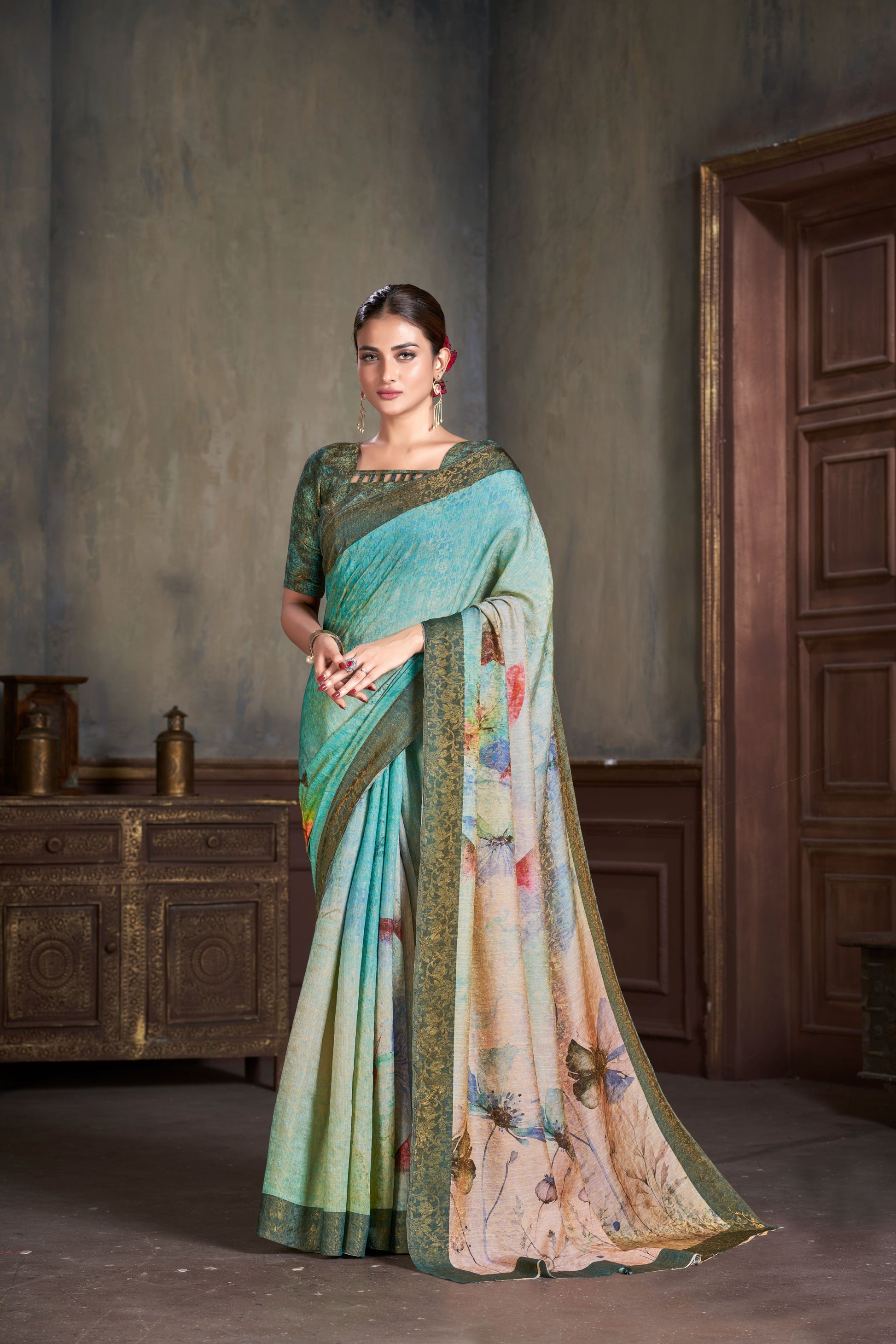 Premium Natural Silk High Definition Jacquard Zari Digital Printed Blouse With Saree - jivora