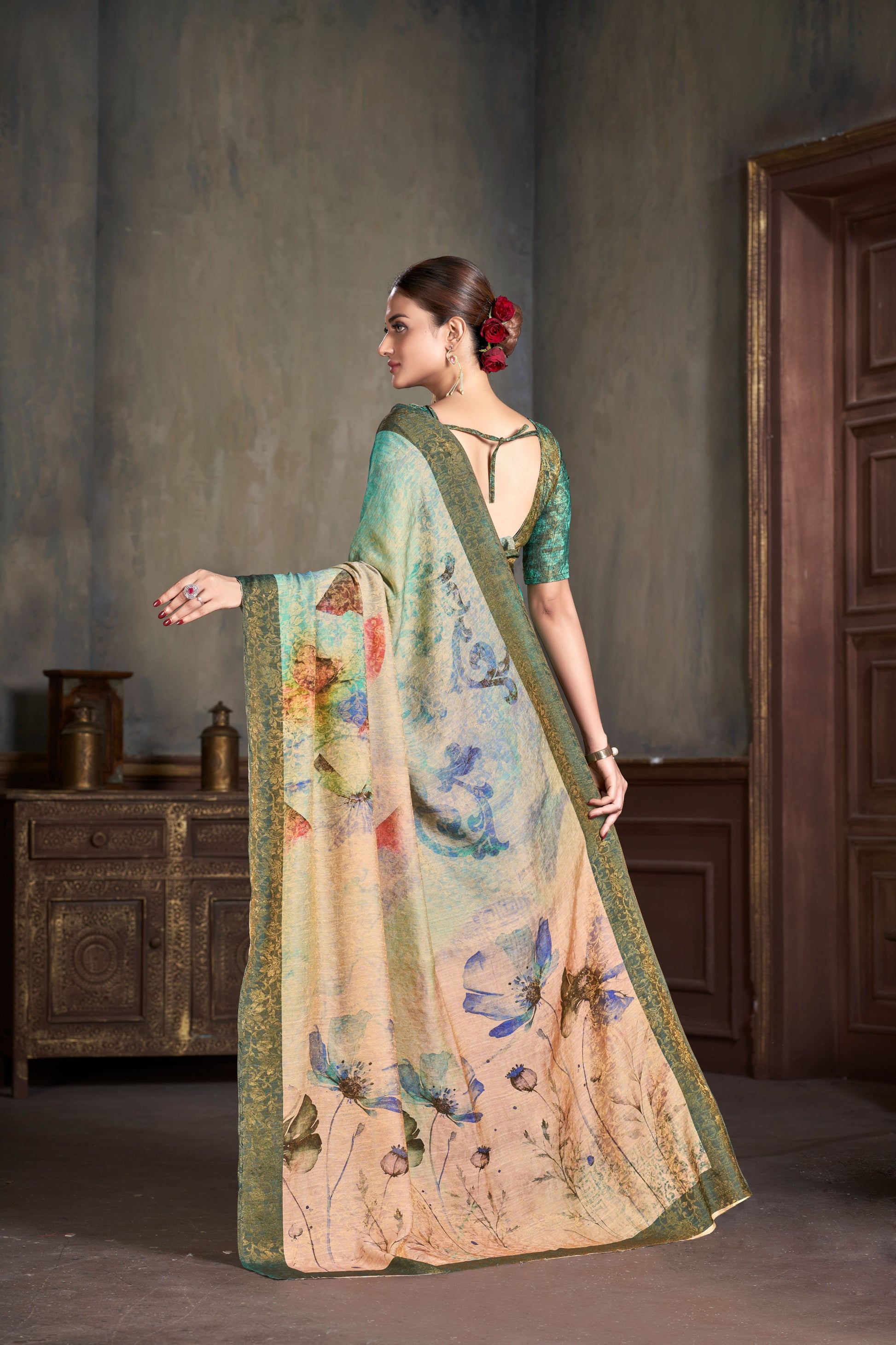 Premium Natural Silk High Definition Jacquard Zari Digital Printed Blouse With Saree - jivora