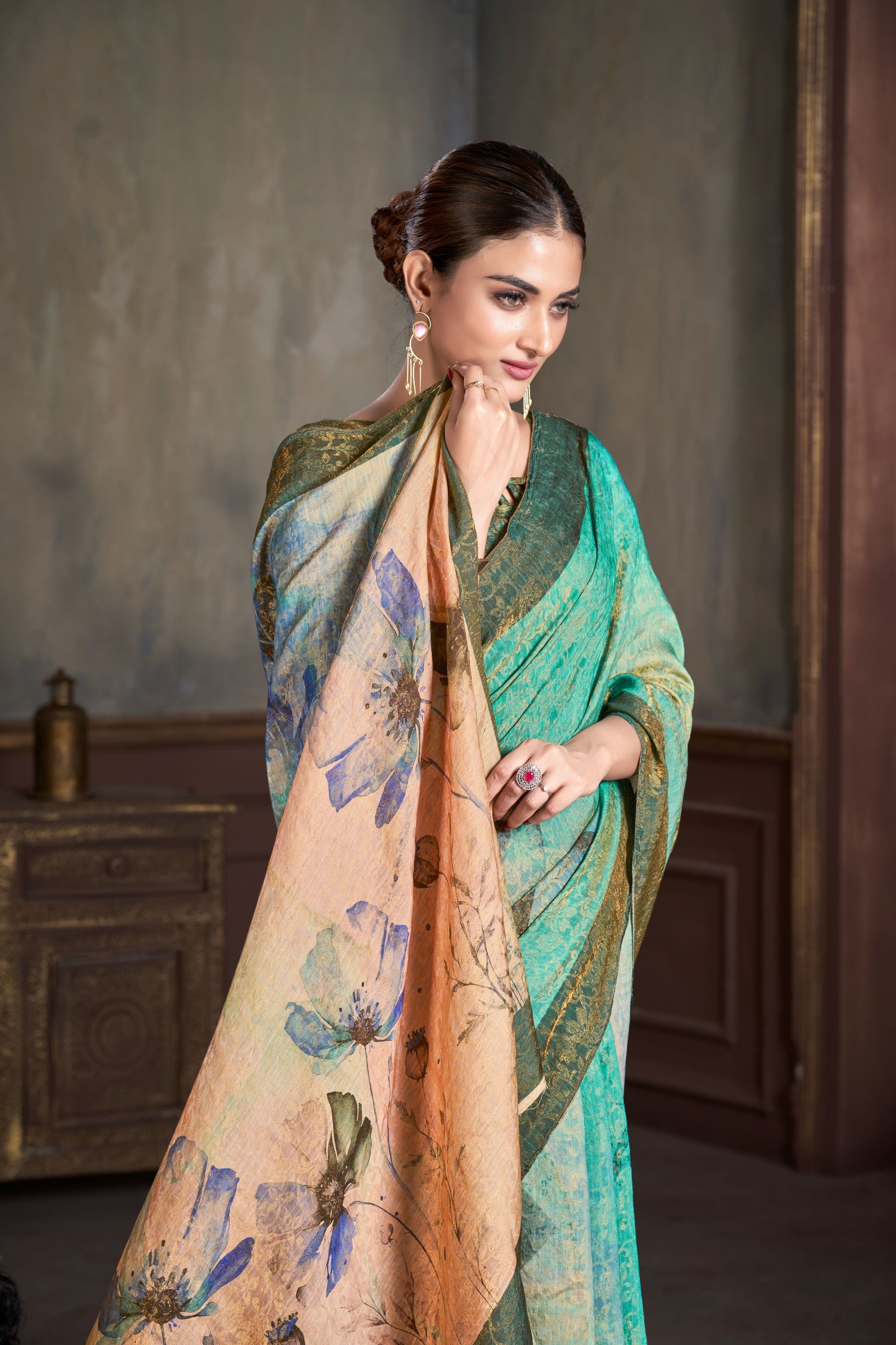 Premium Natural Silk High Definition Jacquard Zari Digital Printed Blouse With Saree - jivora