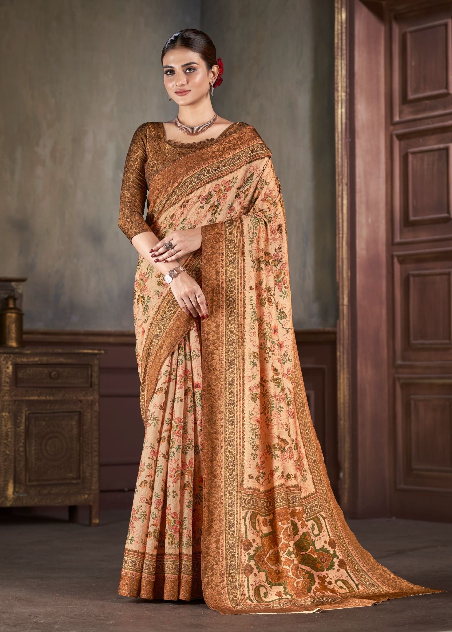 Premium Natural Silk High Definition Jacquard Zari Digital Printed Blouse With Saree - jivora