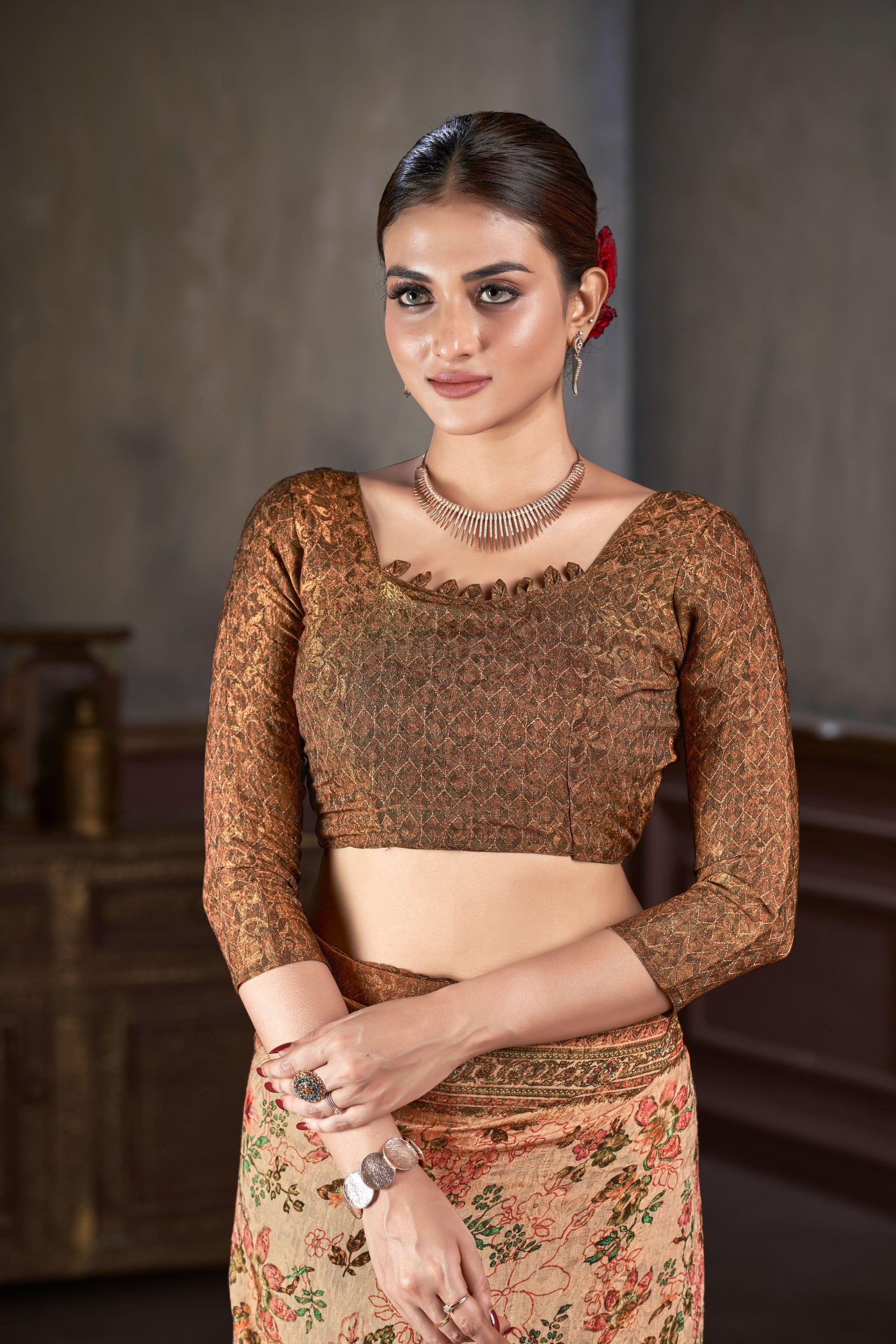 Premium Natural Silk High Definition Jacquard Zari Digital Printed Blouse With Saree - jivora