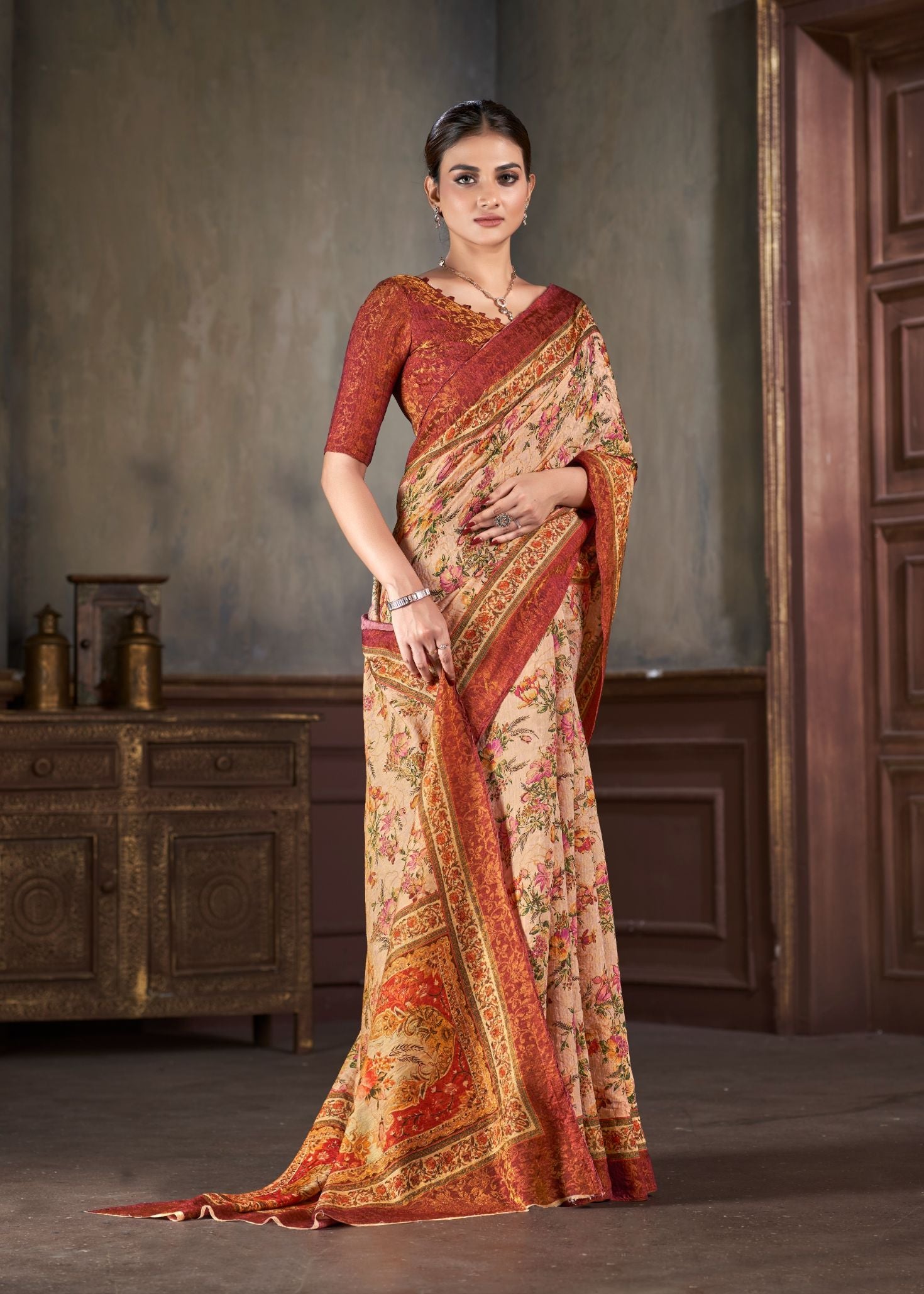 Premium Natural Silk High Definition Jacquard Zari Digital Printed Blouse With Saree - jivora