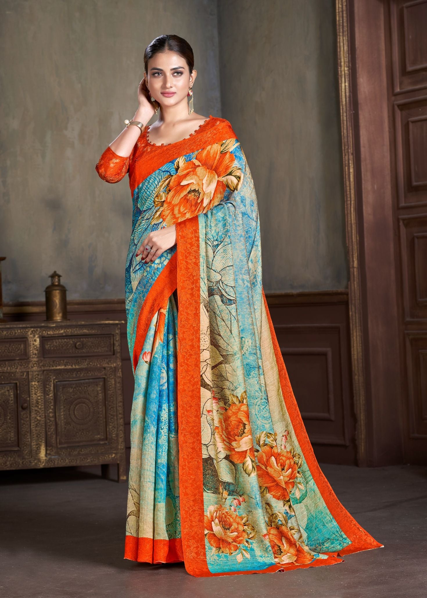 Premium Natural Silk High Definition Jacquard Zari Digital Printed Blouse With Saree - jivora