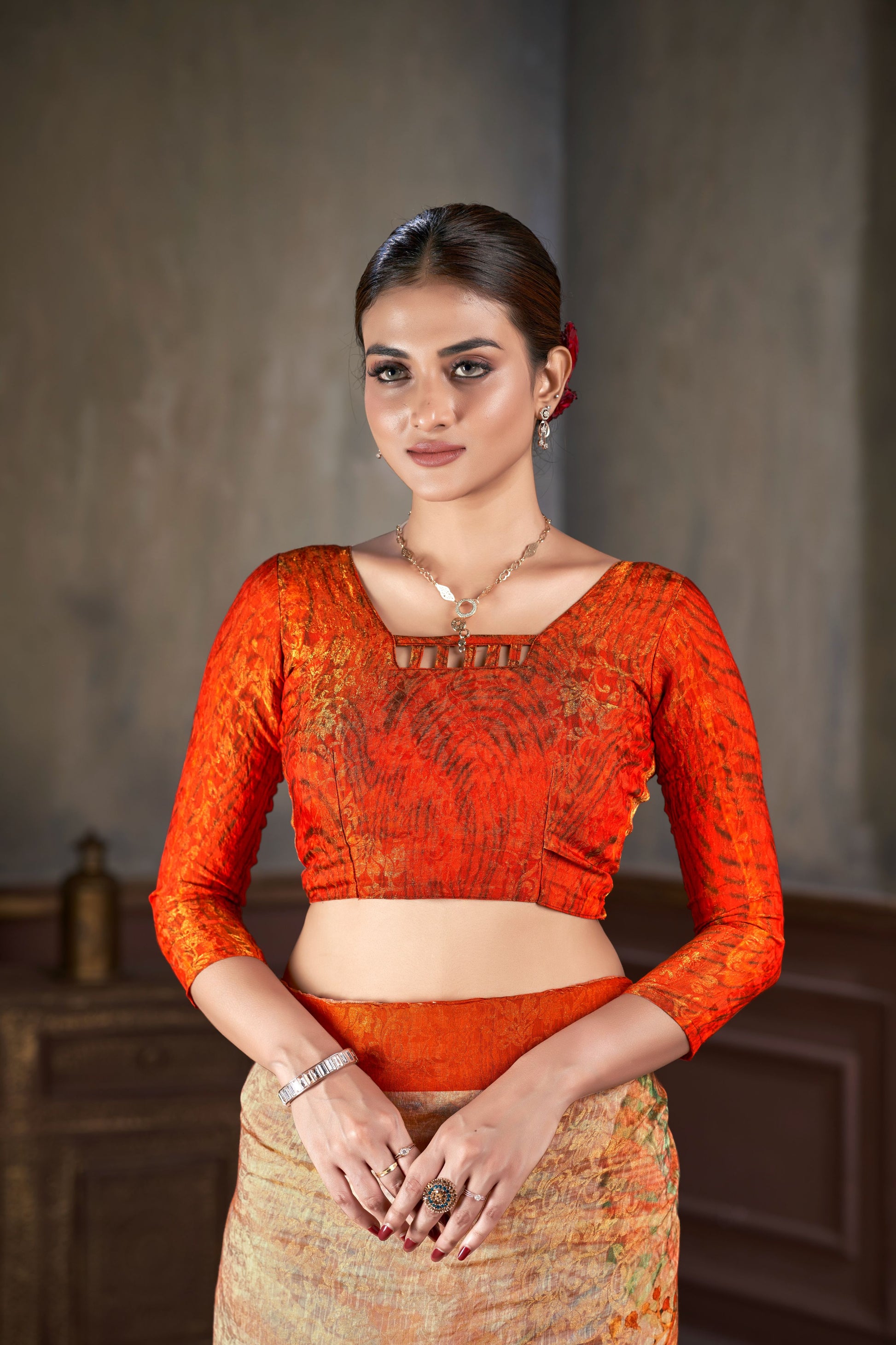 Premium Natural Silk High Definition Jacquard Zari Digital Printed Blouse With Saree - jivora