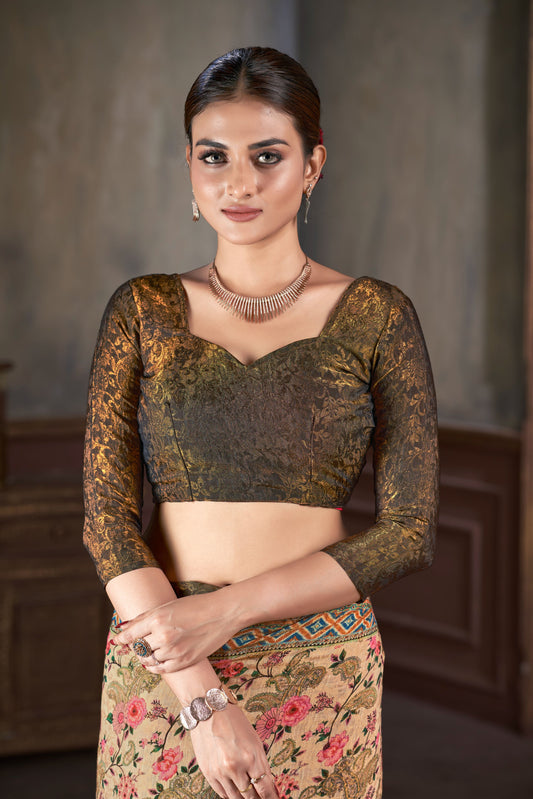Premium Natural Silk High Definition Jacquard Zari Digital Printed Blouse With Saree - jivora