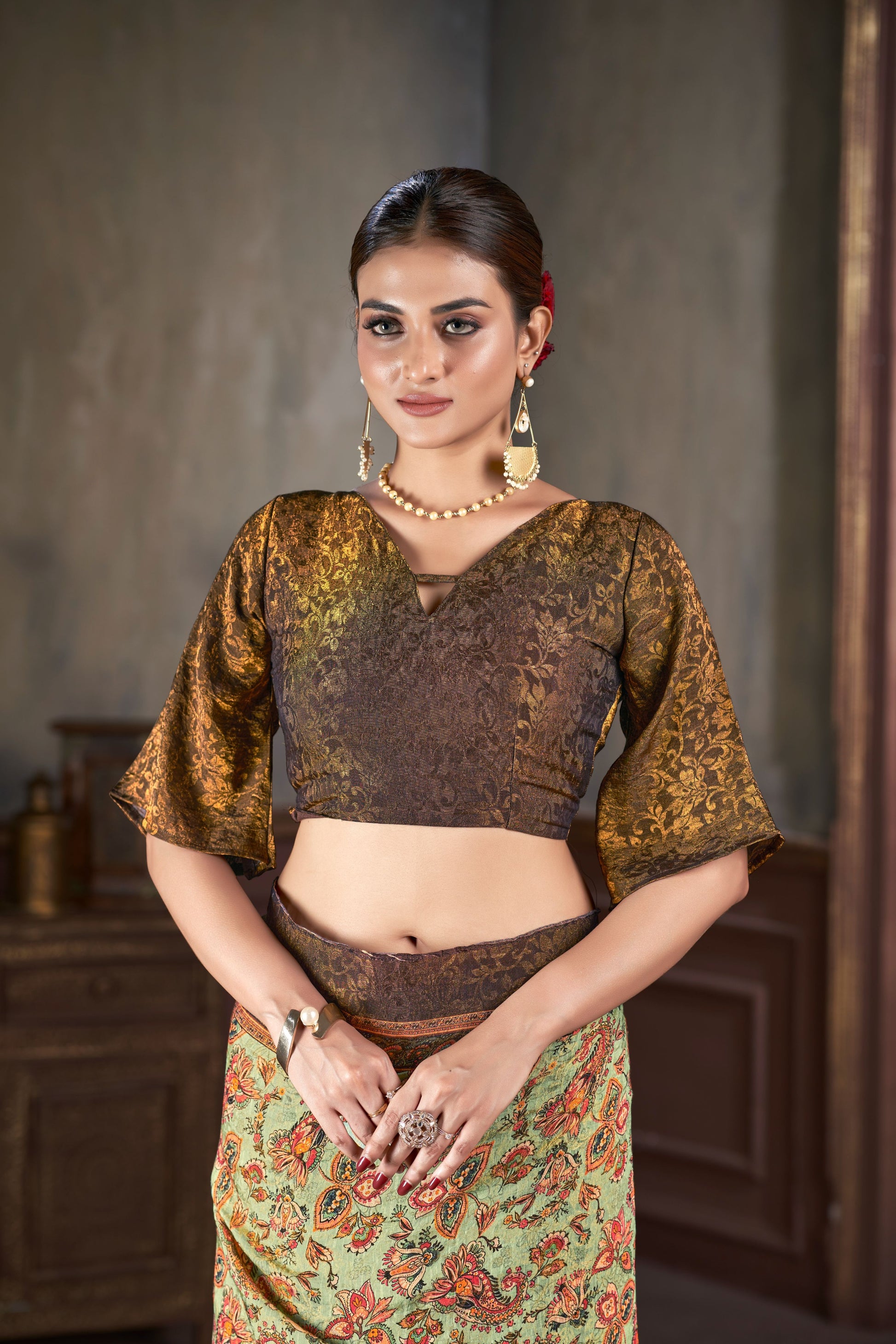 Premium Natural Silk High Definition Jacquard Zari Digital Printed Blouse With Saree - jivora