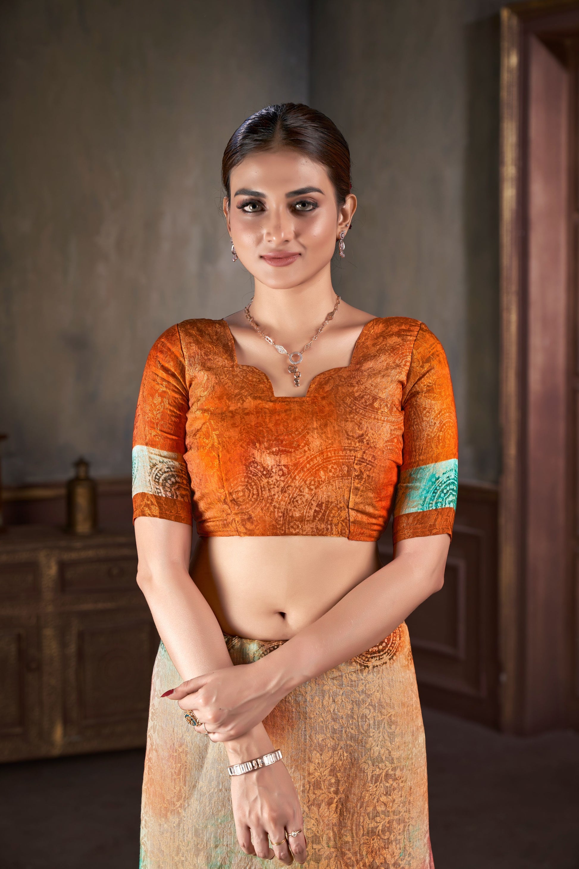 Premium Natural Silk High Definition Jacquard Zari Digital Printed Blouse With Saree - jivora