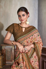 Premium Natural Silk High Definition Jacquard Zari Digital Printed Blouse With Saree - jivora