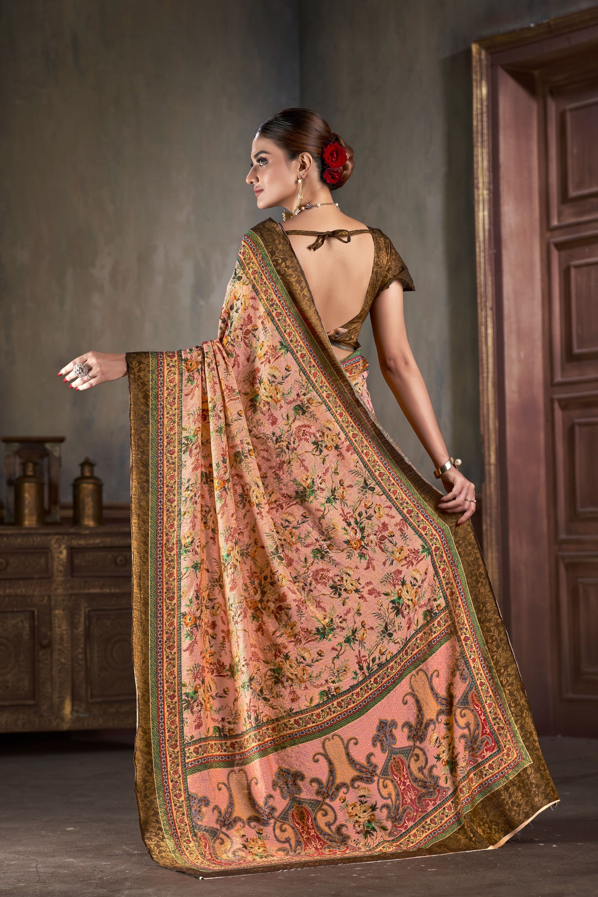 Premium Natural Silk High Definition Jacquard Zari Digital Printed Blouse With Saree - jivora