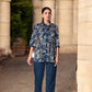 Elegant Crepe Silk Co-Ord Set with Pastel Floral Digital Print & Matching Scarf -Navy Blue