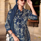 Elegant Crepe Silk Co-Ord Set with Pastel Floral Digital Print & Matching Scarf -Navy Blue