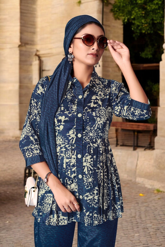 Elegant Crepe Silk Co-Ord Set with Pastel Floral Digital Print & Matching Scarf -Navy Blue